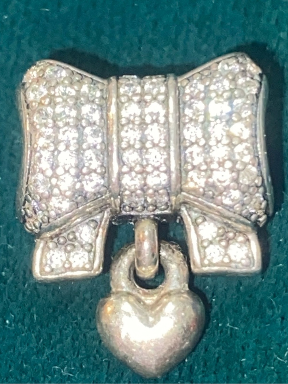 AUTHENTIC Pandora Sterling Silver Bracelet Charm Textured Bow w/ Dangling Heart